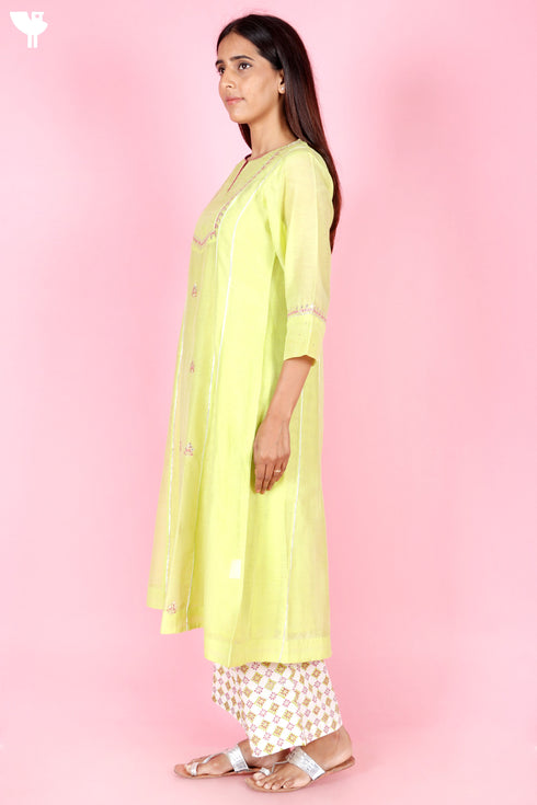 Chanderi Silk Kurta Pant Set With Dupatta Block Print